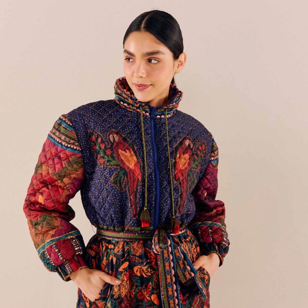 Farm Rio  Mixed Patchwork Midi Reversible Puffer Jacket
